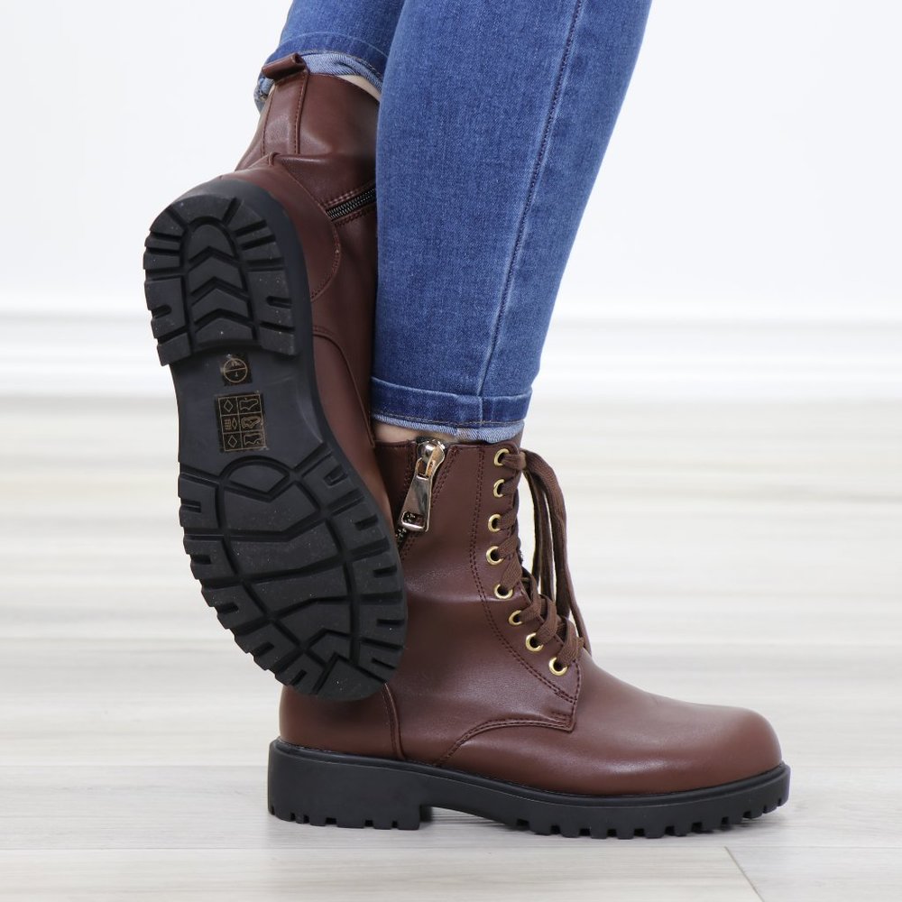 Faux leather brown laced up combat boots - Picture 3 of 11